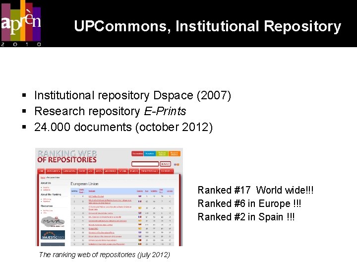 UPCommons, Institutional Repository Institutional repository Dspace (2007) Research repository E-Prints 24. 000 documents (october