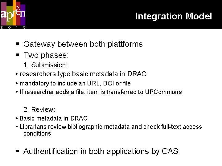 Integration Model Gateway between both plattforms Two phases: 1. Submission: • researchers type basic