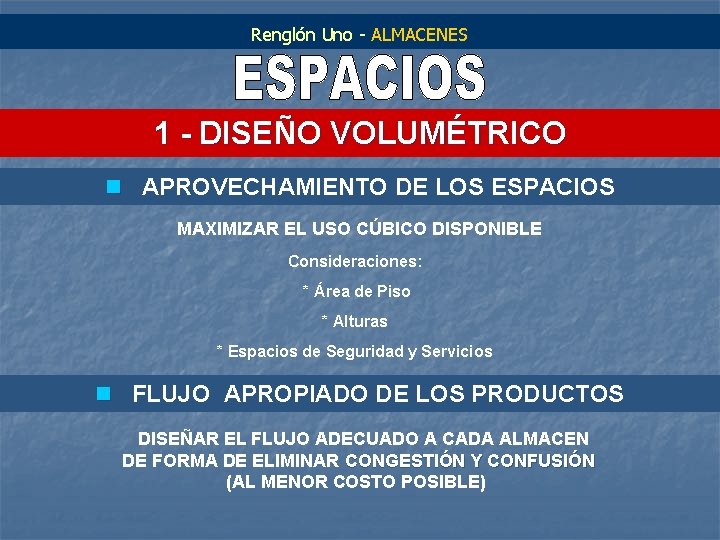 Renglón Uno - ALMACENES 1 - DISEÑO VOLUMÉTRICO n APROVECHAMIENTO DE LOS ESPACIOS MAXIMIZAR