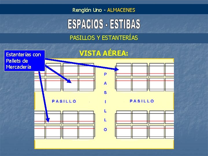 Renglón Uno - ALMACENES PASILLOS Y ESTANTERÍAS Estanterías con Pallets de Mercadería VISTA AÉREA: