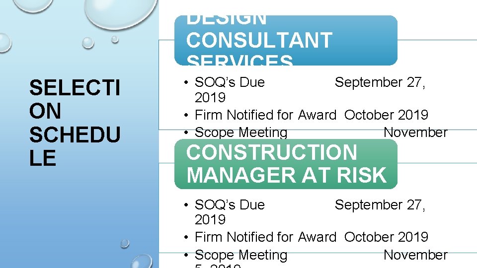 DESIGN CONSULTANT SERVICES SELECTI ON SCHEDU LE • SOQ’s Due September 27, 2019 •