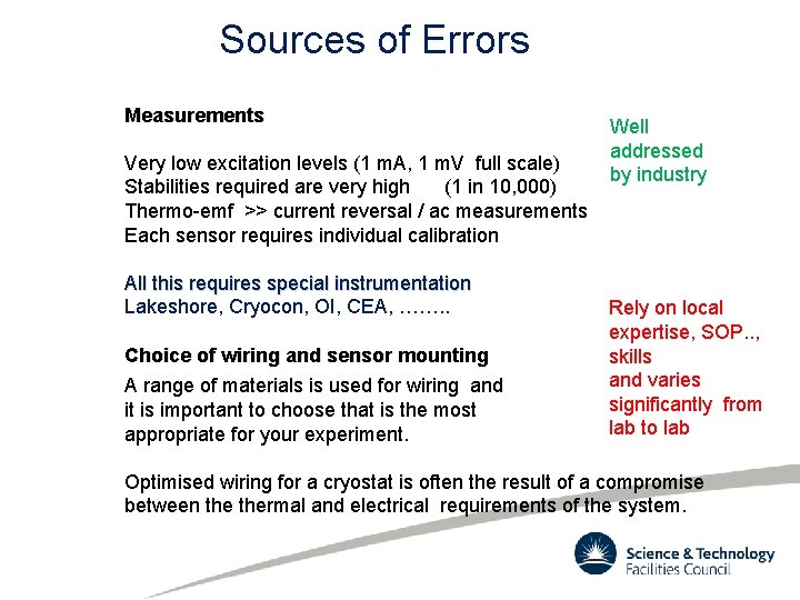 Sources of Errors Measurements Very low excitation levels (1 m. A, 1 m. V