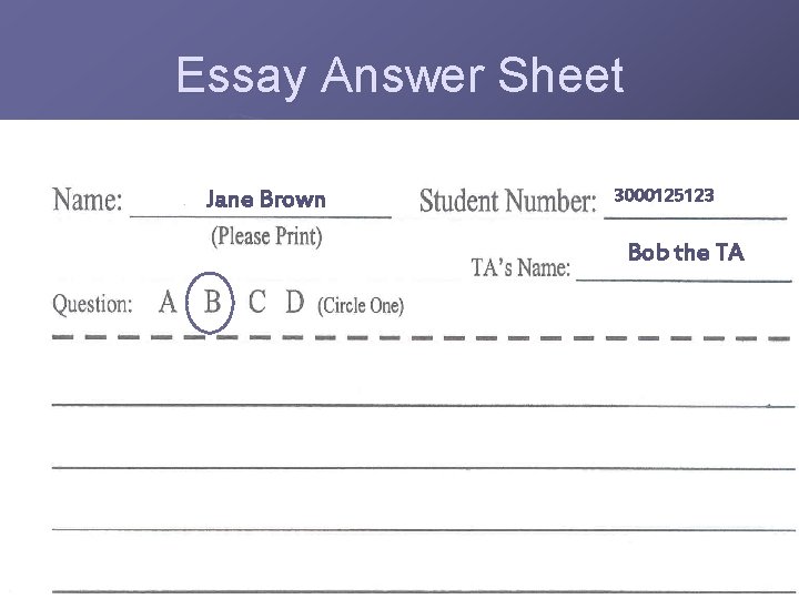Essay Answer Sheet Jane Brown 3000125123 Bob the TA 