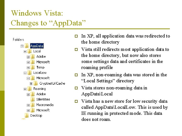 Windows Vista: Changes to “App. Data” p p p In XP, all application data