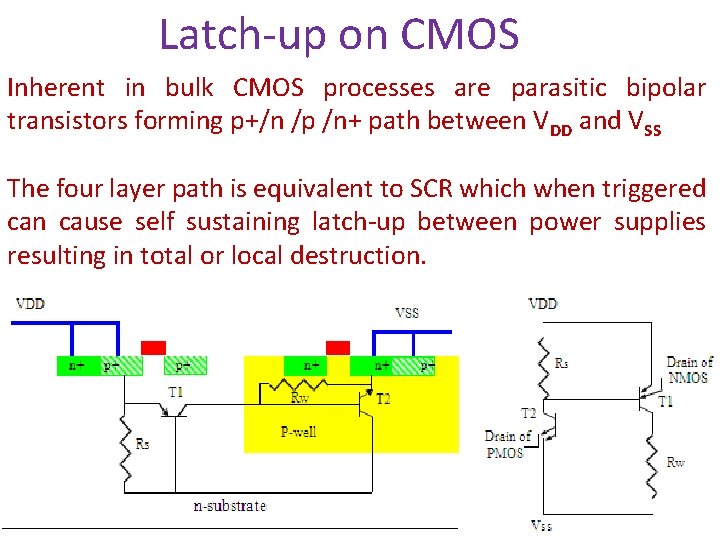 Latch-up on CMOS Inherent in bulk CMOS processes are parasitic bipolar transistors forming p+/n Latch-up on CMOS Inherent in bulk CMOS processes are parasitic bipolar transistors forming p+/n
