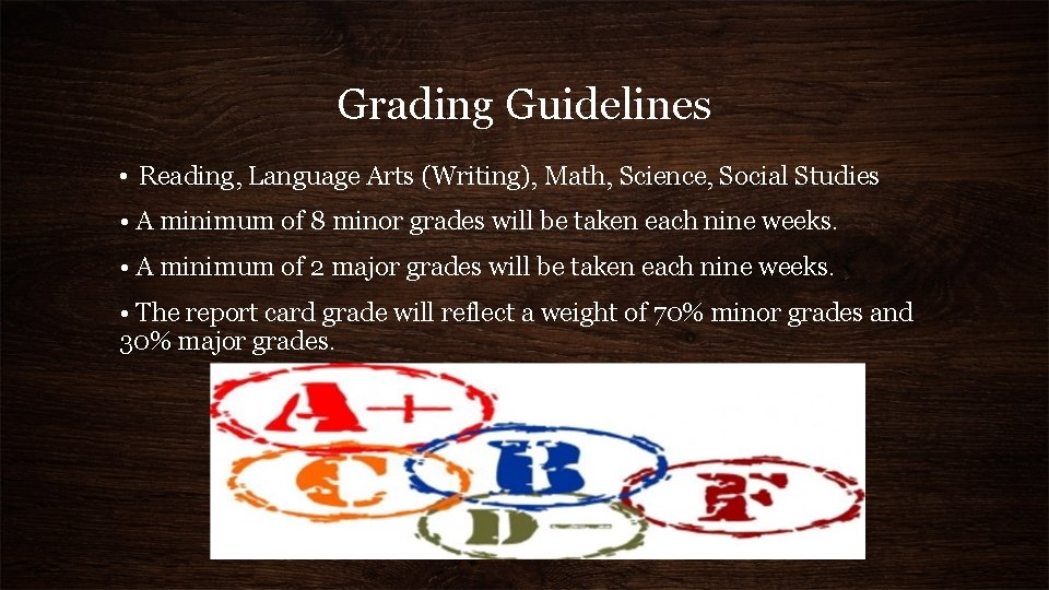 Grading Guidelines • Reading, Language Arts (Writing), Math, Science, Social Studies • A minimum
