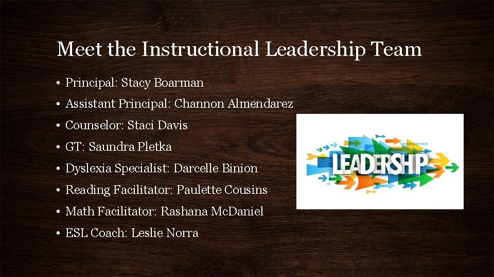 Meet the Instructional Leadership Team • Principal: Stacy Boarman • Assistant Principal: Channon Almendarez