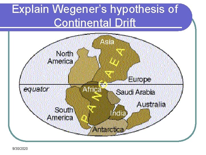 Explain Wegener’s hypothesis of Continental Drift 9/30/2020 Explain Wegener’s hypothesis of Continental Drift 9/30/2020