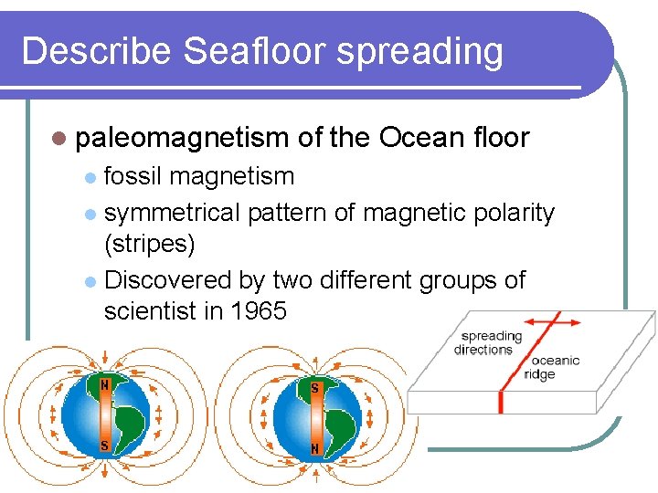 Describe Seafloor spreading l paleomagnetism of the Ocean floor fossil magnetism l symmetrical pattern Describe Seafloor spreading l paleomagnetism of the Ocean floor fossil magnetism l symmetrical pattern