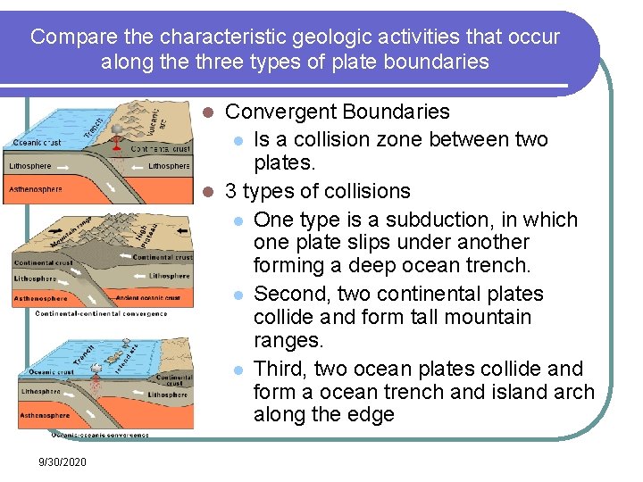 Compare the characteristic geologic activities that occur along the three types of plate boundaries Compare the characteristic geologic activities that occur along the three types of plate boundaries