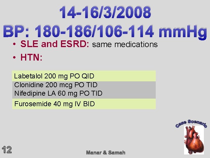 14 -16/3/2008 BP: 180 -186/106 -114 mm. Hg • SLE and ESRD: same medications