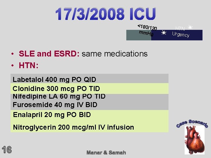 17/3/2008 ICU <180/12 mm. Hg • SLE and ESRD: same medications • HTN: Labetalol