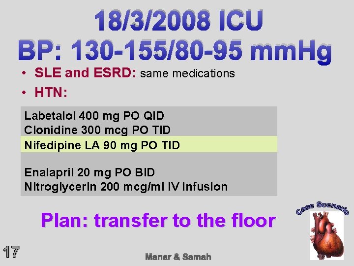 18/3/2008 ICU BP: 130 -155/80 -95 mm. Hg • SLE and ESRD: same medications