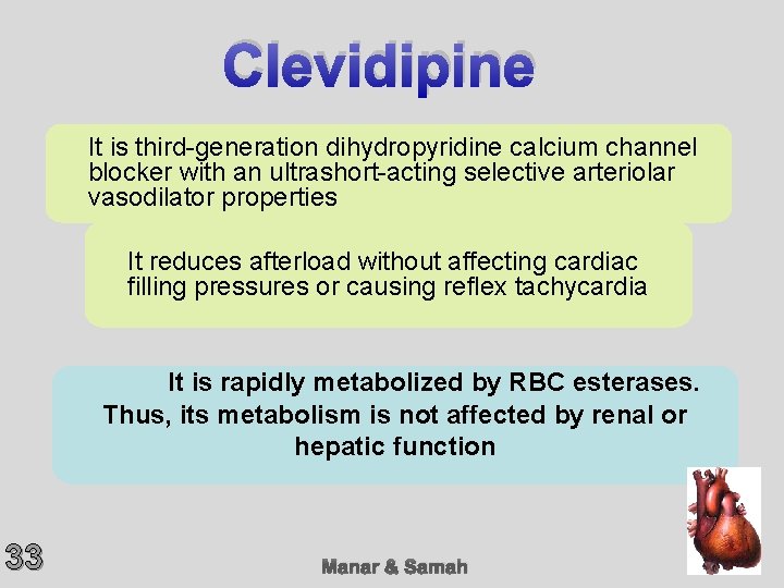 Clevidipine It is third-generation dihydropyridine calcium channel blocker with an ultrashort-acting selective arteriolar vasodilator