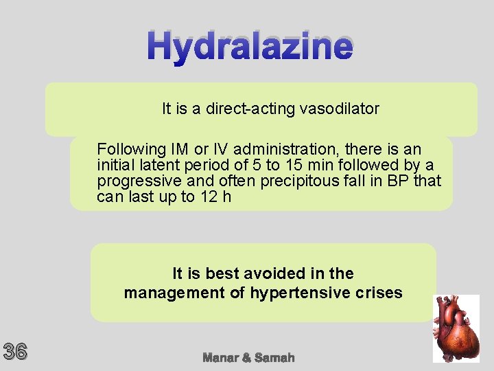 Hydralazine It is a direct-acting vasodilator Following IM or IV administration, there is an