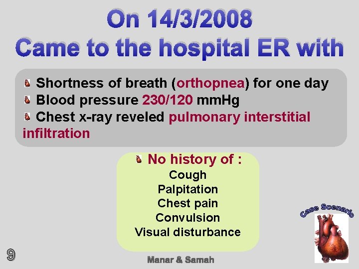 On 14/3/2008 Came to the hospital ER with Shortness of breath (orthopnea) for one