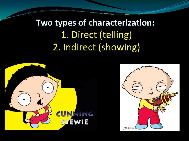 Two types of characterization: 1. Direct (telling) 2. Indirect (showing) 