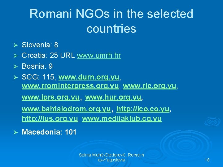 Romani NGOs in the selected countries Ø Ø Slovenia: 8 Croatia: 25 URL www.