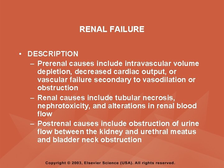 RENAL FAILURE • DESCRIPTION – Prerenal causes include intravascular volume depletion, decreased cardiac output,