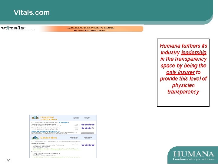 Vitals. com Humana furthers its industry leadership in the transparency space by being the