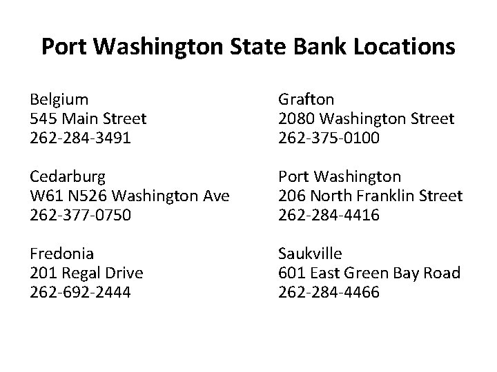 Port Washington State Bank Locations Belgium 545 Main Street 262 -284 -3491 Grafton 2080