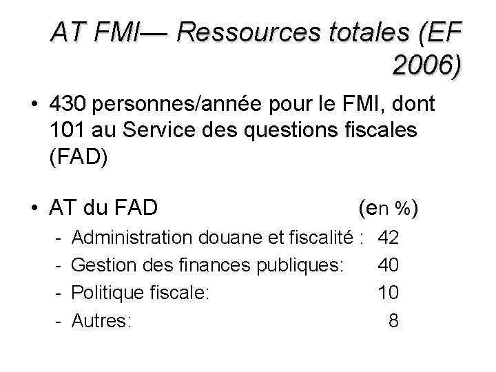 AT FMI— Ressources totales (EF 2006) • 430 personnes/année pour le FMI, dont 101
