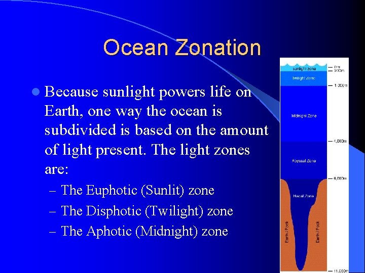 Ocean Zonation l Because sunlight powers life on Earth, one way the ocean is