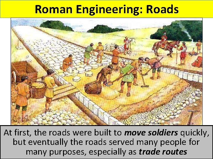 Roman Engineering: Roads At first, the roads were built to move soldiers quickly, but Roman Engineering: Roads At first, the roads were built to move soldiers quickly, but