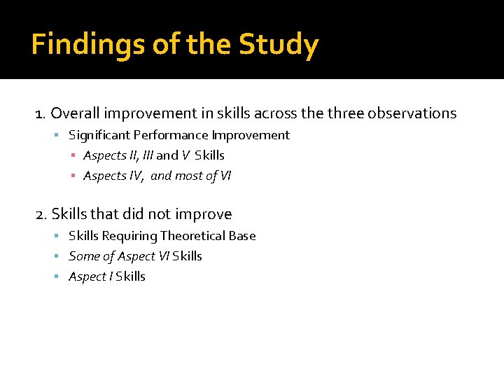 Findings of the Study 1. Overall improvement in skills across the three observations Significant