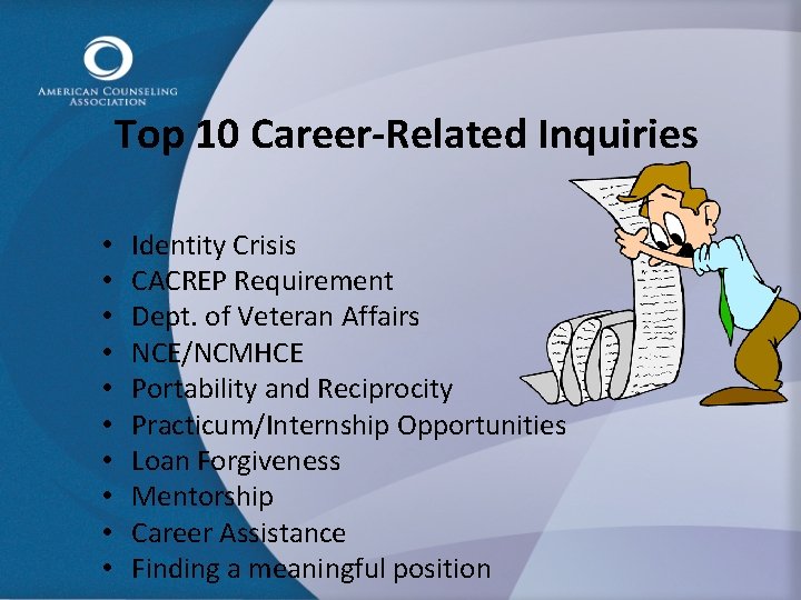 Top 10 Career-Related Inquiries • • • Identity Crisis CACREP Requirement Dept. of Veteran