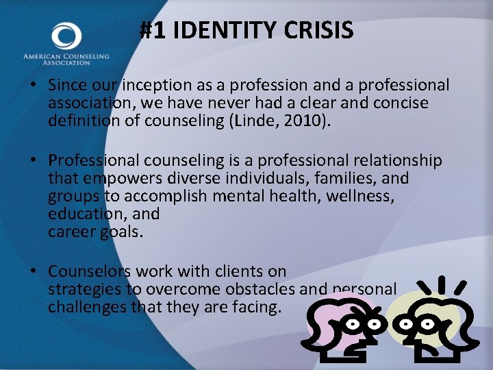 #1 IDENTITY CRISIS • Since our inception as a profession and a professional association,