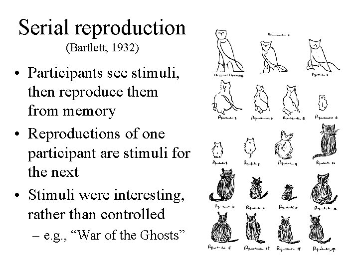 Serial reproduction (Bartlett, 1932) • Participants see stimuli, then reproduce them from memory •