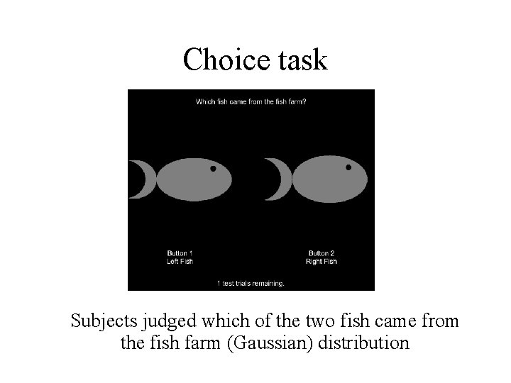 Choice task Subjects judged which of the two fish came from the fish farm