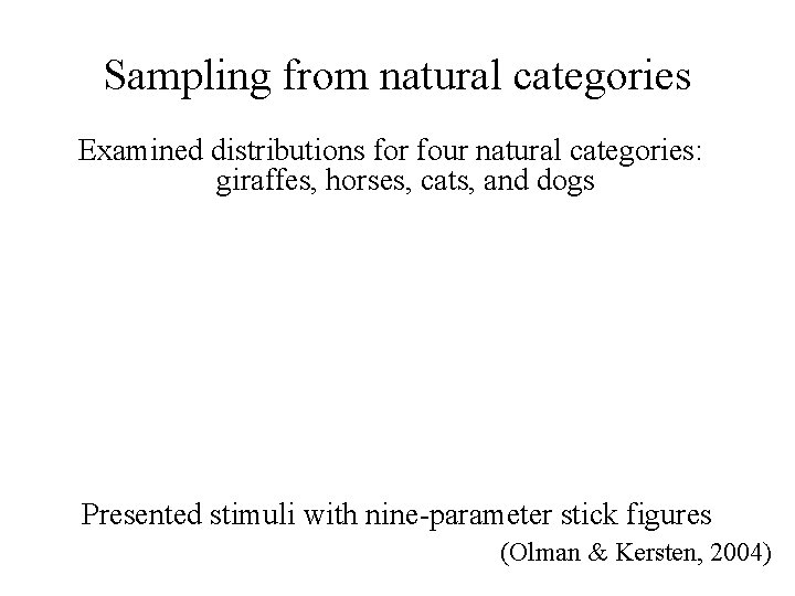 Sampling from natural categories Examined distributions for four natural categories: giraffes, horses, cats, and