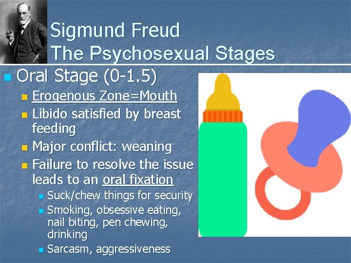 Sigmund Freud The Psychosexual Stages n Oral Stage (0 -1. 5) Erogenous Zone=Mouth n