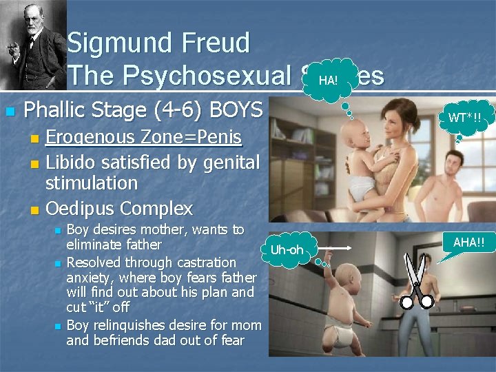 Sigmund Freud HA! The Psychosexual Stages n Phallic Stage (4 -6) BOYS Erogenous Zone=Penis