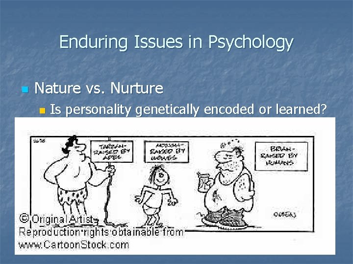 Enduring Issues in Psychology n Nature vs. Nurture n Is personality genetically encoded or