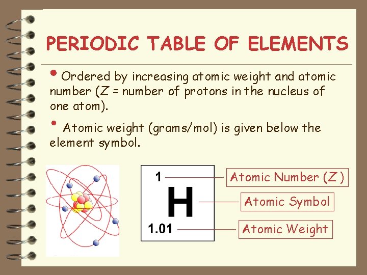 PERIODIC TABLE OF ELEMENTS • Ordered by increasing atomic weight and atomic number (Z