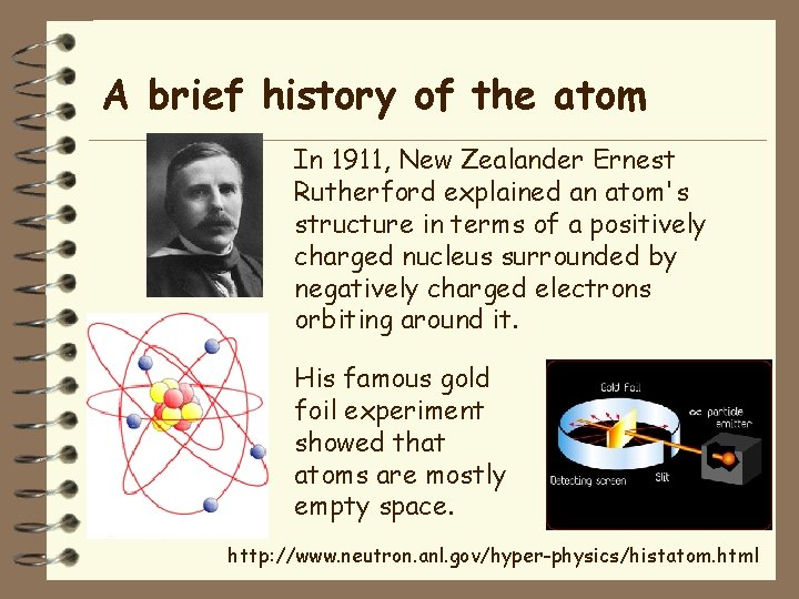 A brief history of the atom In 1911, New Zealander Ernest Rutherford explained an