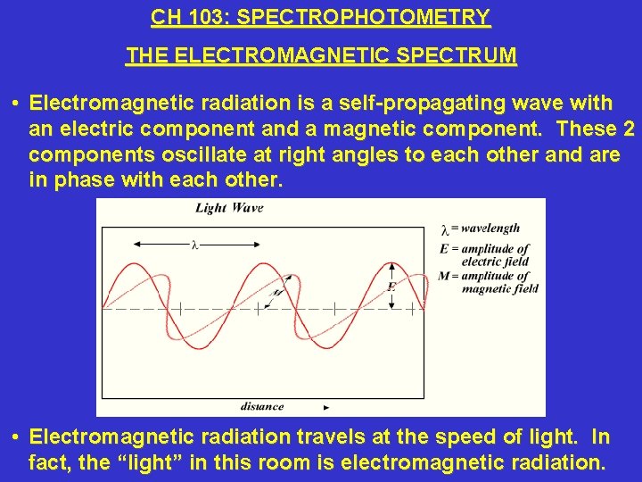 CH 103: SPECTROPHOTOMETRY THE ELECTROMAGNETIC SPECTRUM • Electromagnetic radiation is a self-propagating wave with