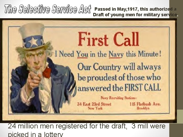 -Passed in May, 1917, this authorized a Draft of young men for military service.