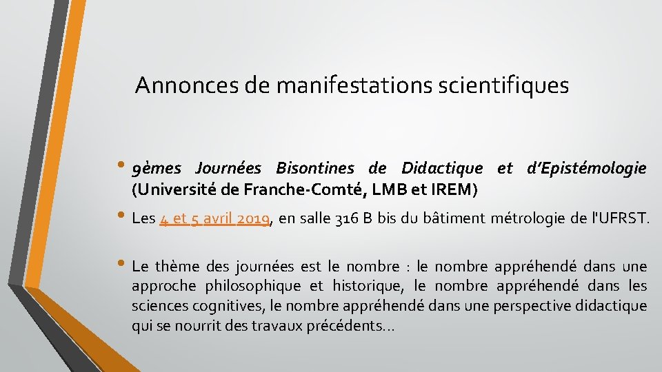 Annonces de manifestations scientifiques • 9èmes Journées Bisontines de Didactique et d’Epistémologie (Université de