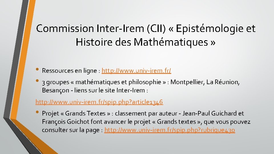 Commission Inter-Irem (CII) « Epistémologie et Histoire des Mathématiques » • Ressources en ligne