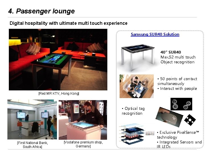 4. Passenger lounge Digital hospitality with ultimate multi touch experience Samsung SUR 40 Solution