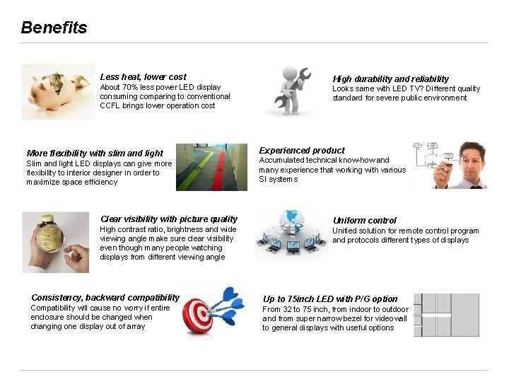 Benefits Less heat, lower cost About 70% less power LED display consuming comparing to