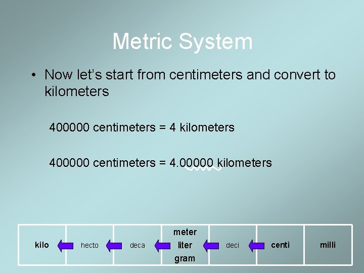 Metric System • Now let’s start from centimeters and convert to kilometers 400000 centimeters
