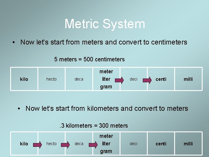 Metric System • Now let’s start from meters and convert to centimeters 5 meters