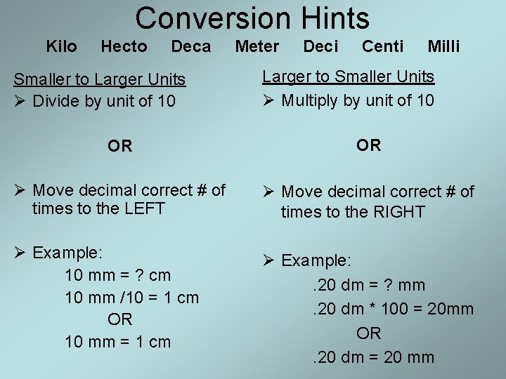 Conversion Hints Kilo Hecto Deca Smaller to Larger Units Ø Divide by unit of