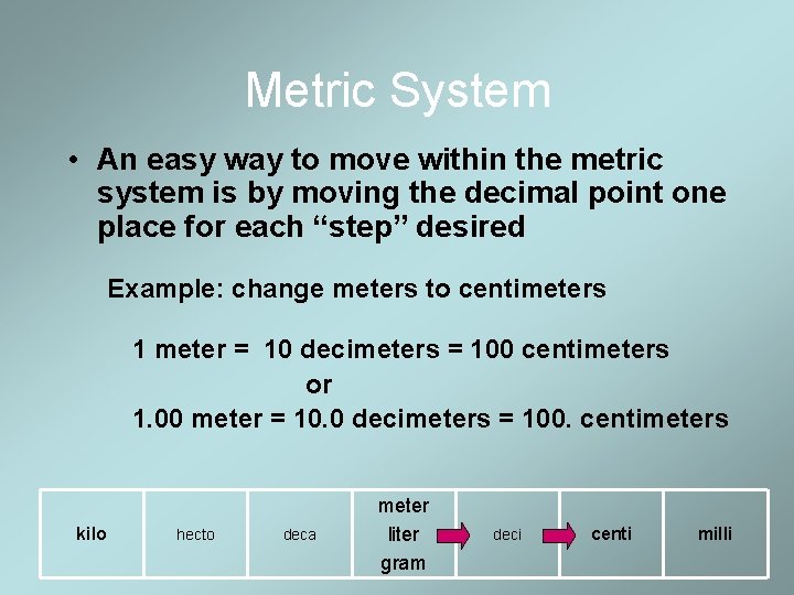 Metric System • An easy way to move within the metric system is by