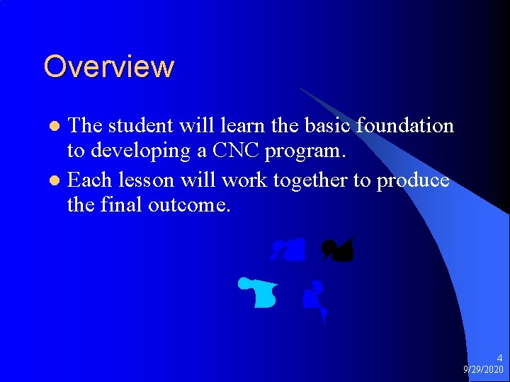 Overview The student will learn the basic foundation to developing a CNC program. l